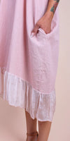 Light pink linen dress with ruffled silk hem and side pocket