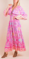 Imperia Ikat Dress - Shop Gigi Moda - Made in Italy # Dress, Gigi Moda, ikat print, Made in Italy, Maxi Dress, ruched, ruffles, RUFFLES DRESS