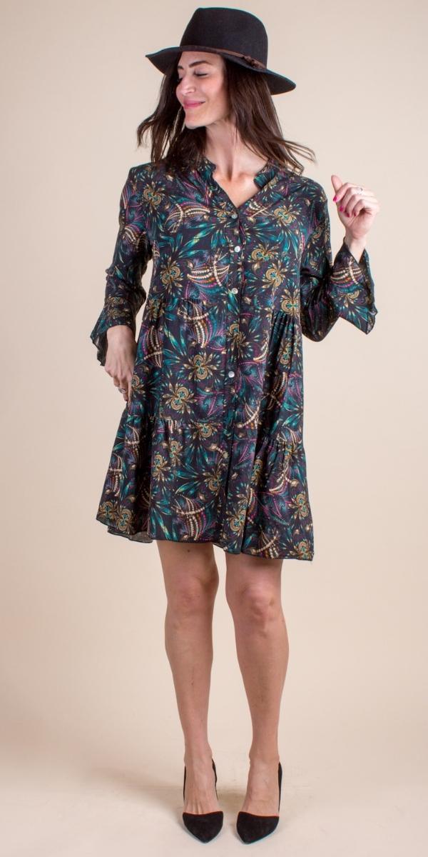 Bambolina Dress - Shop Gigi Moda - Made in Italy # 3/4 Sleeves, bohemian, button down, button down dress, Dress, Gigi Moda, kaleidoscope print, Made in Italy, mandarin collar, Tiered, TIERED RUFFLED DRESS