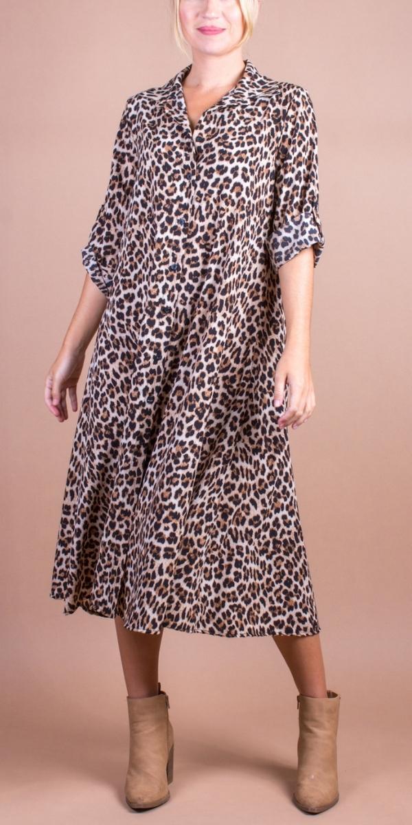 Fauna Midi Dress - Shop Gigi Moda - Made in Italy # A-Line Dress, animal print, button down, button down dress, cheetah print, Dress, gigi moda, long dress, Made in Italy, midi dress, resort wear, Rolled Sleeves