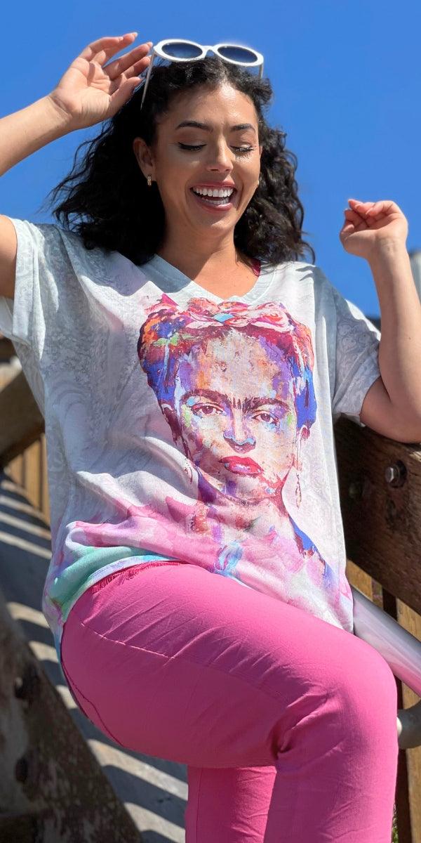 Frida Kahlo Gina Top - Shop Gigi Moda - Made in Italy # casual, Frida Kahlo, gigi moda, one size, spring, summer, T Shirt, Top, V Neck, viscose