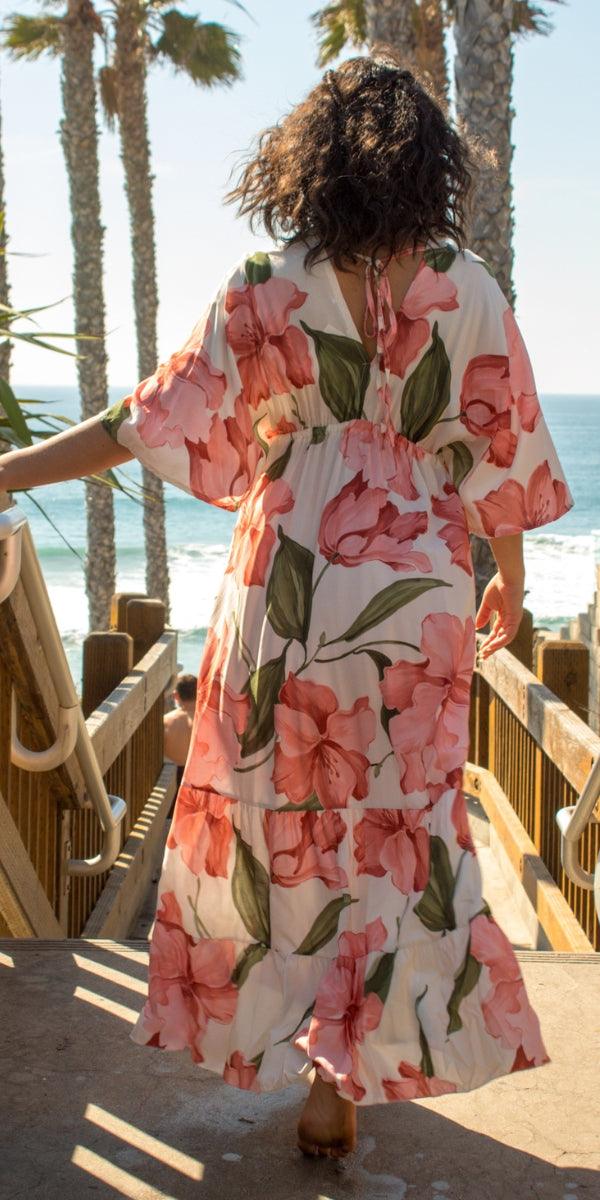 Lily Maxi Dress - Shop Gigi Moda - Made in Italy # Dress, floral, floral design, Floral Print, gigi moda, lily, long dress, Made in Italy, Maxi, resort wear, ruffled hem, Safari, ties in back, v neck