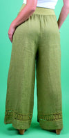 Fiorella Linen Pants - Shop Gigi Moda - Made in Italy # 100% Linen, bottoms, elastic waistband, Gigi Moda, lace knit, lace trim, Linen, linen pants, Made in Italy, OS, Pants, resort, resort wear, spring, stretch waistband, summer, washable, WIDE LEG