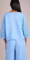Woman wearing light blue linen top with crochet sleeves and matching wide-leg pants, back view
