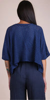 Woman wearing a navy blue crochet knit top and wide-leg pants, viewed from the back