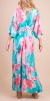 Primavera Maxi Dress - Shop Gigi Moda - Made in Italy # Dress, gigi moda, long dress, Made in Italy, Maxi, resort wear, ruffled hem, ties in back, v neck, watercolor, Watercolor Print