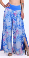 Wide-leg floral print palazzo pants with blue waistband and side slits, women's fashion