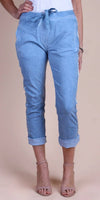 Light blue linen ankle pants with drawstring waist and rolled cuffs, women's fashion