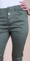 Close-up of olive green high-rise women’s pants with four silver buttons and front pockets