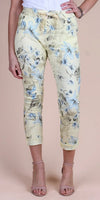 Women’s cropped floral pants in pastel yellow with blue and beige flower print and drawstring waist