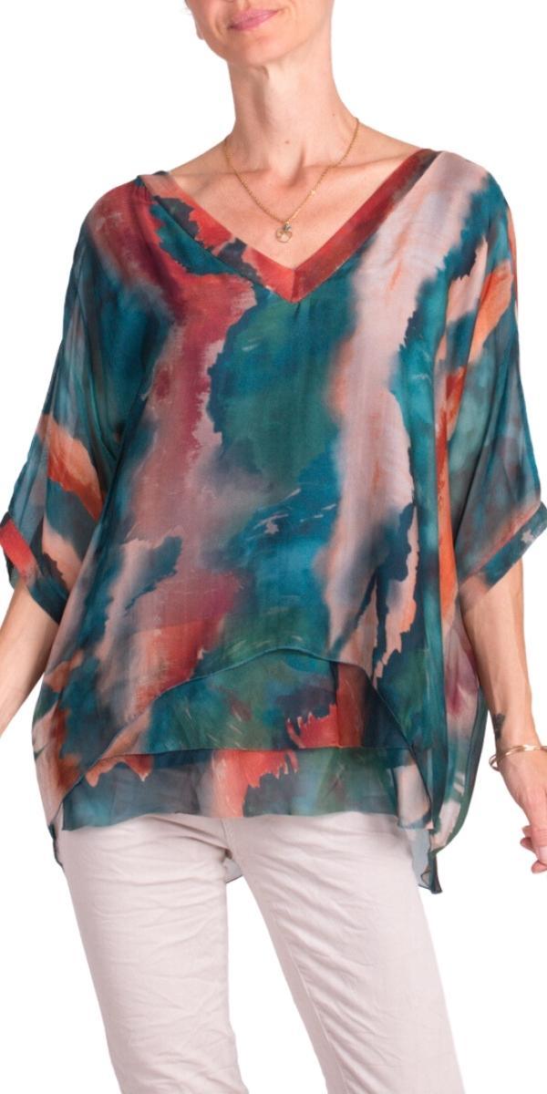 Diana Watercolor Blouse - Shop Gigi Moda - Made in Italy # 100% silk, blouse, colorful, colorful print, frayed edge, gigi moda, italian silk blouse, made in italy, silk, silk blouse, silk top, watercolor, Watercolor Print