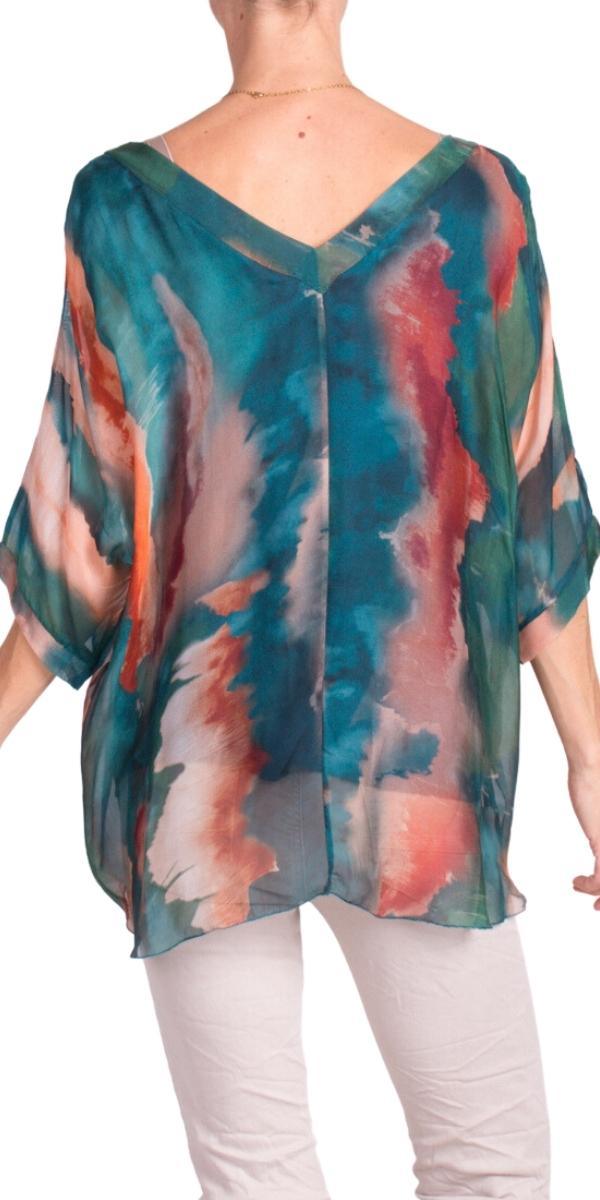 Diana Watercolor Blouse - Shop Gigi Moda - Made in Italy # 100% silk, blouse, colorful, colorful print, frayed edge, gigi moda, italian silk blouse, made in italy, silk, silk blouse, silk top, watercolor, Watercolor Print