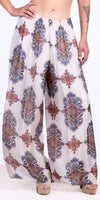 Wide leg palazzo pants with colorful boho tile print, lightweight sheer fabric