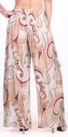 Wide leg palazzo pants with beige, green, and brown abstract swirl print pattern