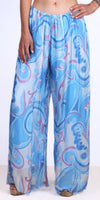 Wide leg pants with a blue and purple swirled pattern, lightweight and flowy design