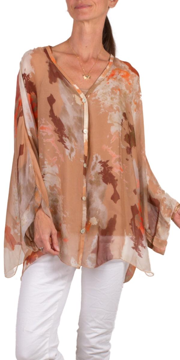Angelo Ink Silk Blouse - Shop Gigi Moda - Made in Italy # 100% Silk, 2 piece, Blouse, button down, button up, comforatable fit, Dolman sleeve, dolman sleeves, italian silk top, made in italy, silk blouse, Silk top, Tops, womans clothing