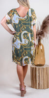 Teramo Baroque Dress - Shop Gigi Moda - Made in Italy # 100% Silk, baroque, free shipping, Gigi Moda, italian silk, italian silk dress, knee length dress, lose fitting, Made in Italy, round neck, short sleeve dress, silk dress