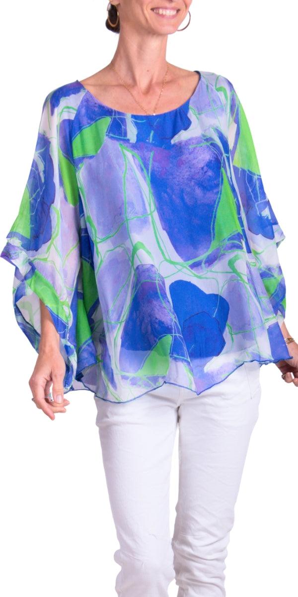 Coletta Abstract Silk Top - Shop Gigi Moda - Made in Italy # 100% Silk, Abstract, abstract print, Bell sleeve, Blouse, italian blouse, italian tank top, italian top, Made in Italy, OS, resort wear, Silk, silk blouse, Top