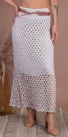White crochet mesh maxi skirt with tan belt, paired with nude heels, boho style