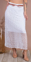 White crochet mesh midi skirt with brown belt and nude heels, boho chic style