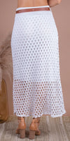 White crochet mesh midi skirt with scalloped waistband, styled with tan block heel sandals