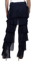 Back view of navy tiered chiffon palazzo pants with frayed edges for women