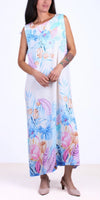 Sleeveless maxi dress with pastel floral print, round neckline, and relaxed fit