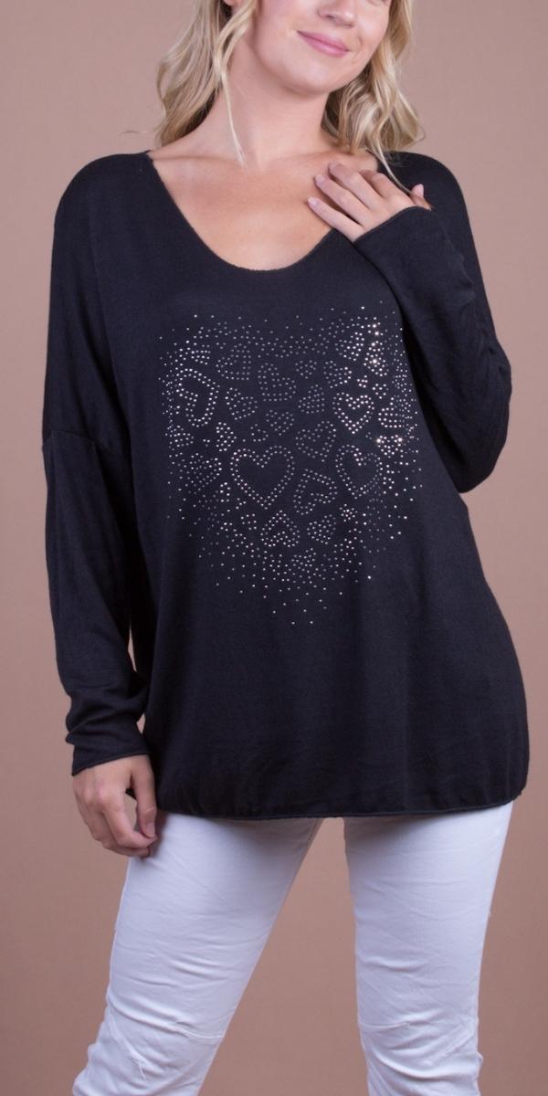 Mattea Top - Shop Gigi Moda - Made in Italy # casual sweater, Gigi Moda, hearts, Long Sleeve, Made in Italy, rhinestone, shirt, Sweater, Top, V Neck