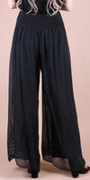 Back view of woman wearing black wide leg sheer palazzo pants with high waist