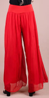 Wide-leg red palazzo pants with high waist and sheer flowy fabric