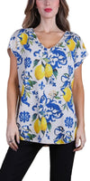 Women's linen top with lemon and blue floral print, short sleeves, v-neck