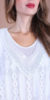White lace V-neck women's top with geometric patterns and mesh detail