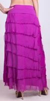 Back view of a woman wearing a layered magenta maxi skirt with frayed edges