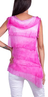 Back view of woman wearing pink layered sleeveless silk top and white pants