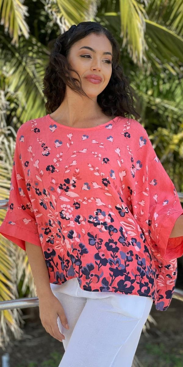 Lucy Floral Blouse - Shop Gigi Moda - Made in Italy # 100% Linen, Blouse, floral, floral design, floral pattern, Floral Print, Gigi Moda, Kaftan, Made in Italy, OS, shirt, Top