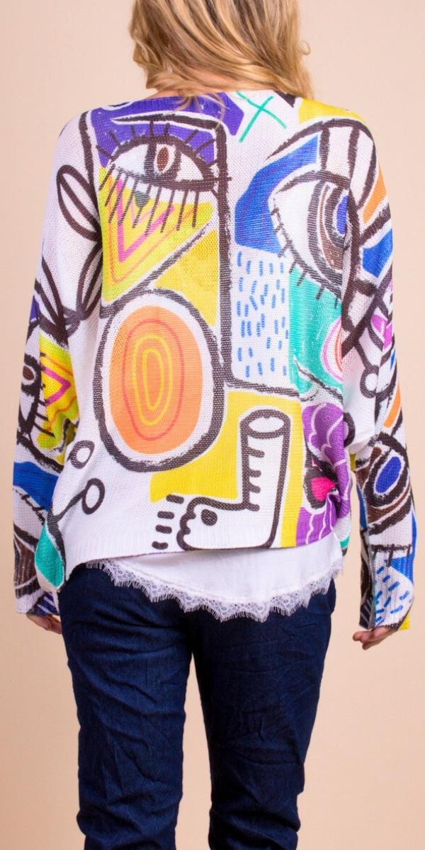 Daria Batwing Sweater with Picasso Print - Shop Gigi Moda - Made in Italy # batwing, Blouse, comfortable, comfortable fit, Cozy, Gigi Moda, Italian Clothing, italian top, Long Sleeve, Made in Italy, one size, Sleeves, Sweater, Top, washable, womens clothing, Womens Tops