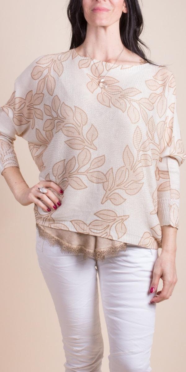 Daria Batwing Sweater with Vine Print - Shop Gigi Moda - Made in Italy # batwing, Blouse, comfortable, comfortable fit, Cozy, Gigi Moda, Italian Clothing, italian top, leaves, Long Sleeve, Made in Italy, one size, Sleeves, Sweater, Top, washable, womens clothing, Womens Tops