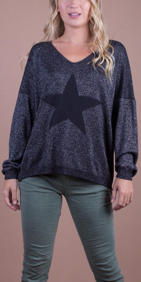 Fausta Shimmer Top - Shop Gigi Moda - Made in Italy # casual sweater, Gigi Moda, Long Sleeve, Made in Italy, shimmer, shimmery, shirt, star, Star Design, star top, Sweater, Top, V Neck
