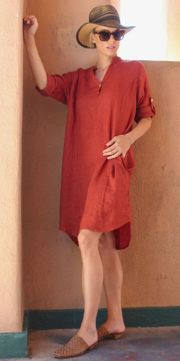 Mandarin Collar Linen Dress Rust Mandarin Collar Linen Dress Rust