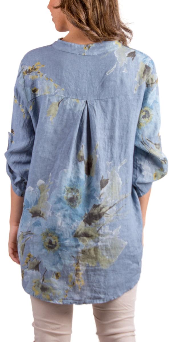 Lidia Floral Linen Shirt - Shop Gigi Moda - Made in Italy # 100% Linen, button down, Collared, Cuffed Sleeves, floral, Floral Print, Gigi Moda, italian top, Linen, Made in Italy, one size, OS, resort, resort wear, Top