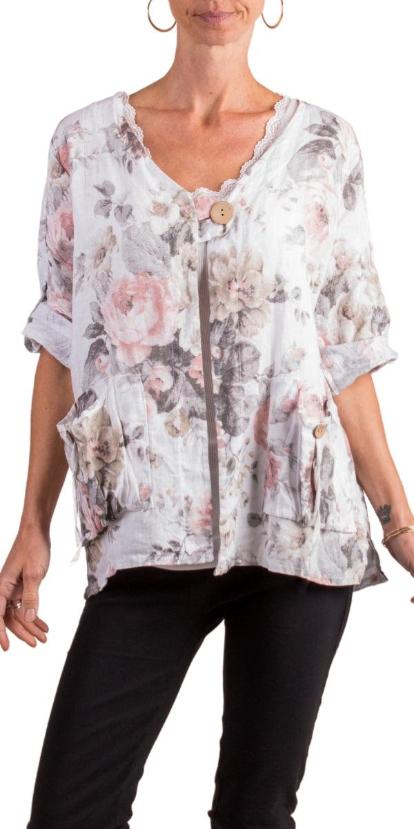Rosa Linen Jacket - Shop Gigi Moda - Made in Italy # 100% Linen, 3/4 Sleeve, 3/4 Sleeves, Floral Print, front pockets, Gigi Moda, hand wash, Jacket, Linen, Linen jacket, Made in Italy, one size, OS, Pockets, Rose