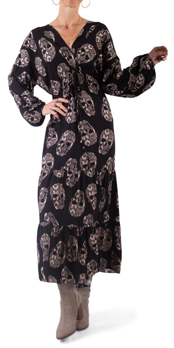 Skull Print Maxi Dress - Shop Gigi Moda - Made in Italy # balloon sleeve, Dress, fall, gigi moda, long dress, Maxi, Maxi Dress, skull print, ties at front, v neck