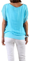 Amante Silk Top - Gigi Moda - Made in Italy # banded bottom, Blouse, flutter sleeve, gigi moda, silk, stretch waistband, top, v-neck