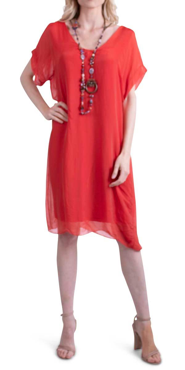 Teramo Silk Dress - Shop Gigi Moda - Made in Italy # 100% Silk, free shipping, italian silk, italian silk dress, knee length dress, lose fitting, Made in Italy, round neck, short sleeve dress, silk dress