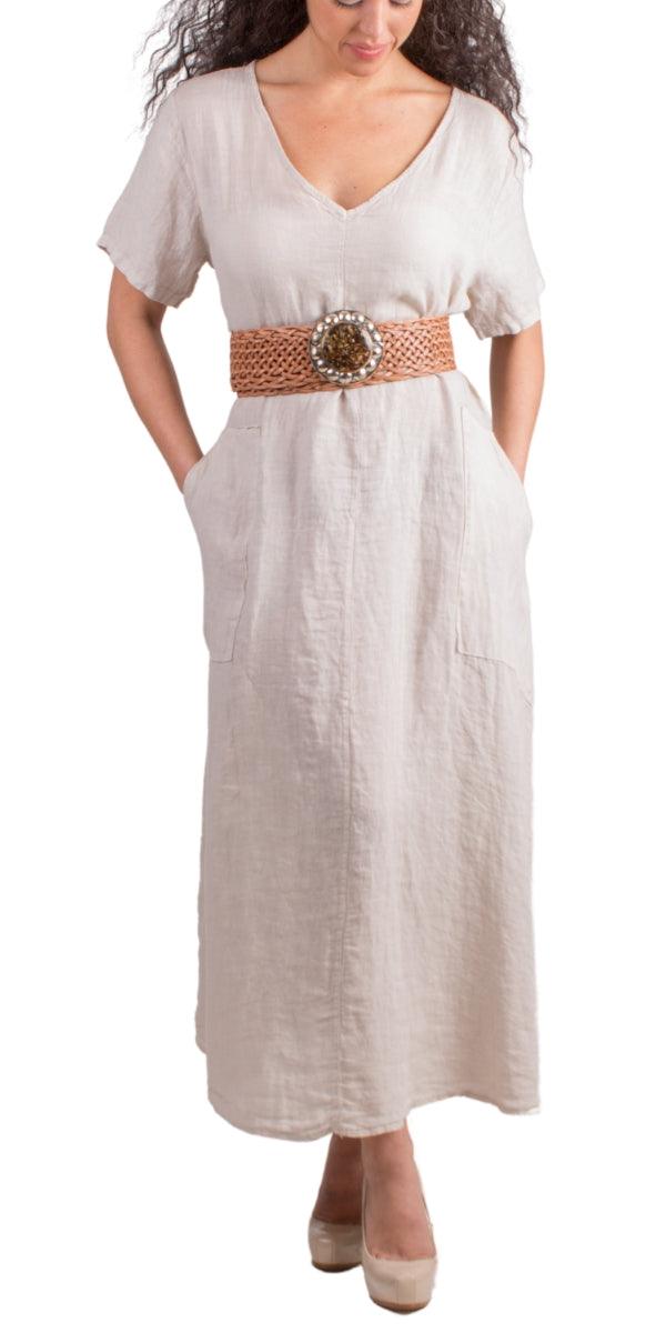 Vedette Linen Dress - Shop Gigi Moda - Made in Italy # 100% Linen, Dress, free shipping, Gigi Moda, Linen, Made in Italy, one size, OS, pockets, resort, resort wear, short sleeve dress, spring, summer, v-neck