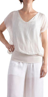 Amante Silk Top - Gigi Moda - Made in Italy # banded bottom, Blouse, flutter sleeve, gigi moda, silk, stretch waistband, top, v-neck