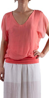 Amante Silk Top - Gigi Moda - Made in Italy # banded bottom, Blouse, flutter sleeve, gigi moda, silk, stretch waistband, top, v-neck