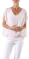 Amante Silk Top - Gigi Moda - Made in Italy # banded bottom, Blouse, flutter sleeve, gigi moda, silk, stretch waistband, top, v-neck