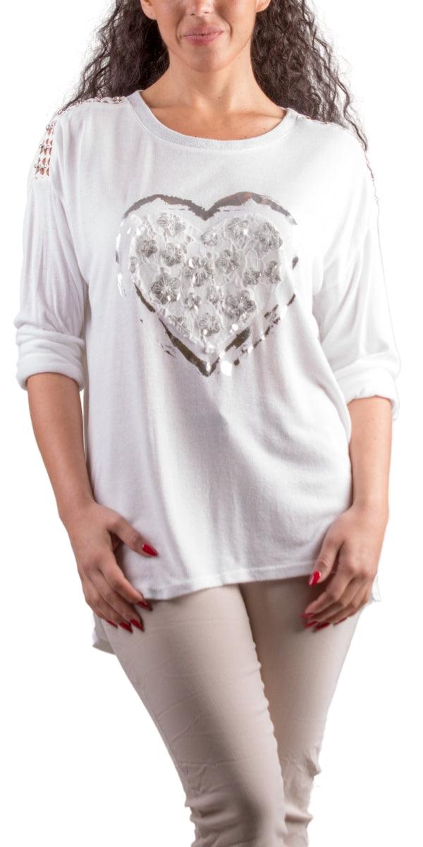 Stazie Top - Shop Gigi Moda - Made in Italy # Blouse, Free Shipping, Gigi Moda, heart, italian top, lace, Lightweight, Long Sleeve, made in Italy, silver accents, Silver Stud, studded, Top, Womens Tops
