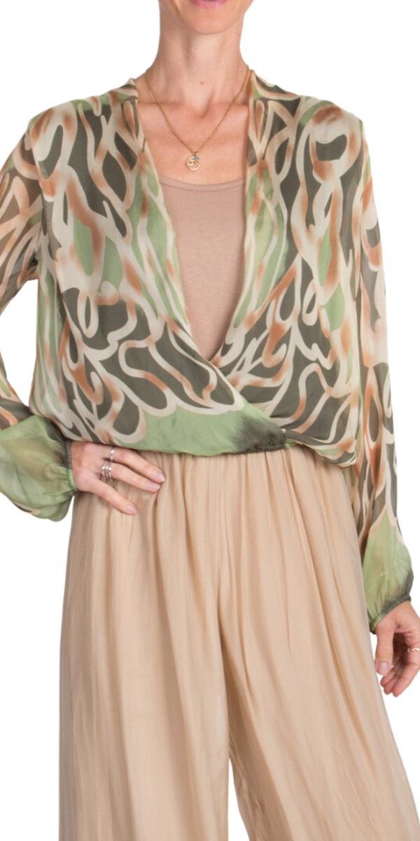 Torino Abstract Blouse - Gigi Moda - Made in Italy # Abstract, abstract print, Blouse, crossover, gigi moda, italian silk blouse, Long Sleeve, Made in Italy, maxretail, Silk, silk blouse, Silk top, top, V-Neck